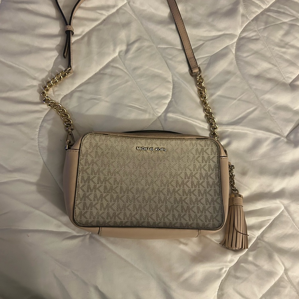 Michael Kors Cream Gold Crossbody Bag with Monogram Print